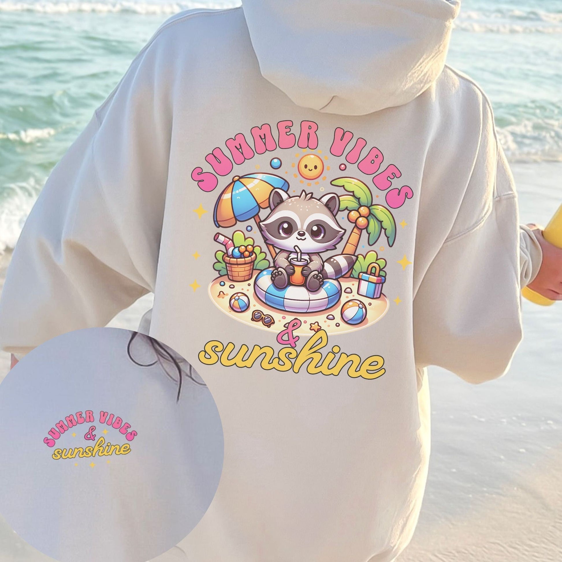 Summer Vibes& Sunshine Cute Raccoon Summer Beach Hoodie front/back print