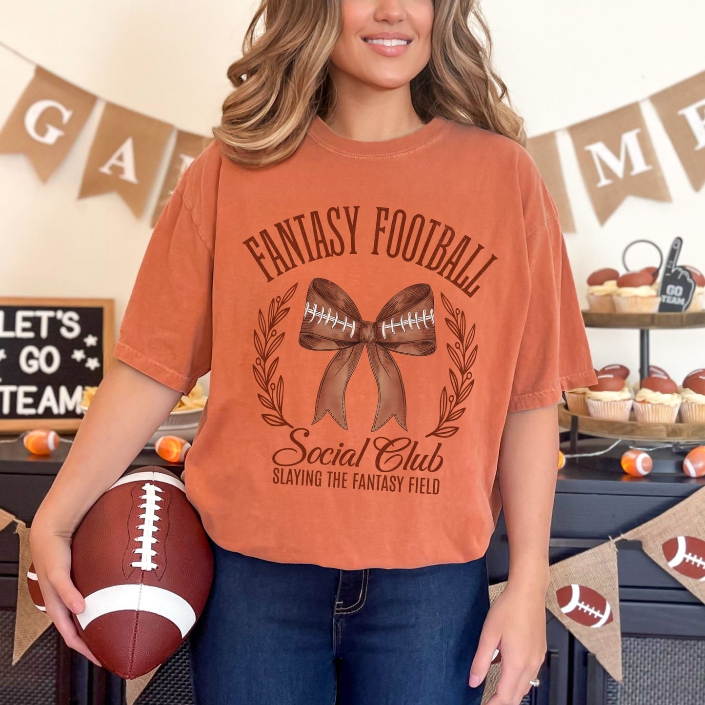 Fantasy Football Social Club Comfort colors shirt (slaying the fantasy field) with s coquette football bow