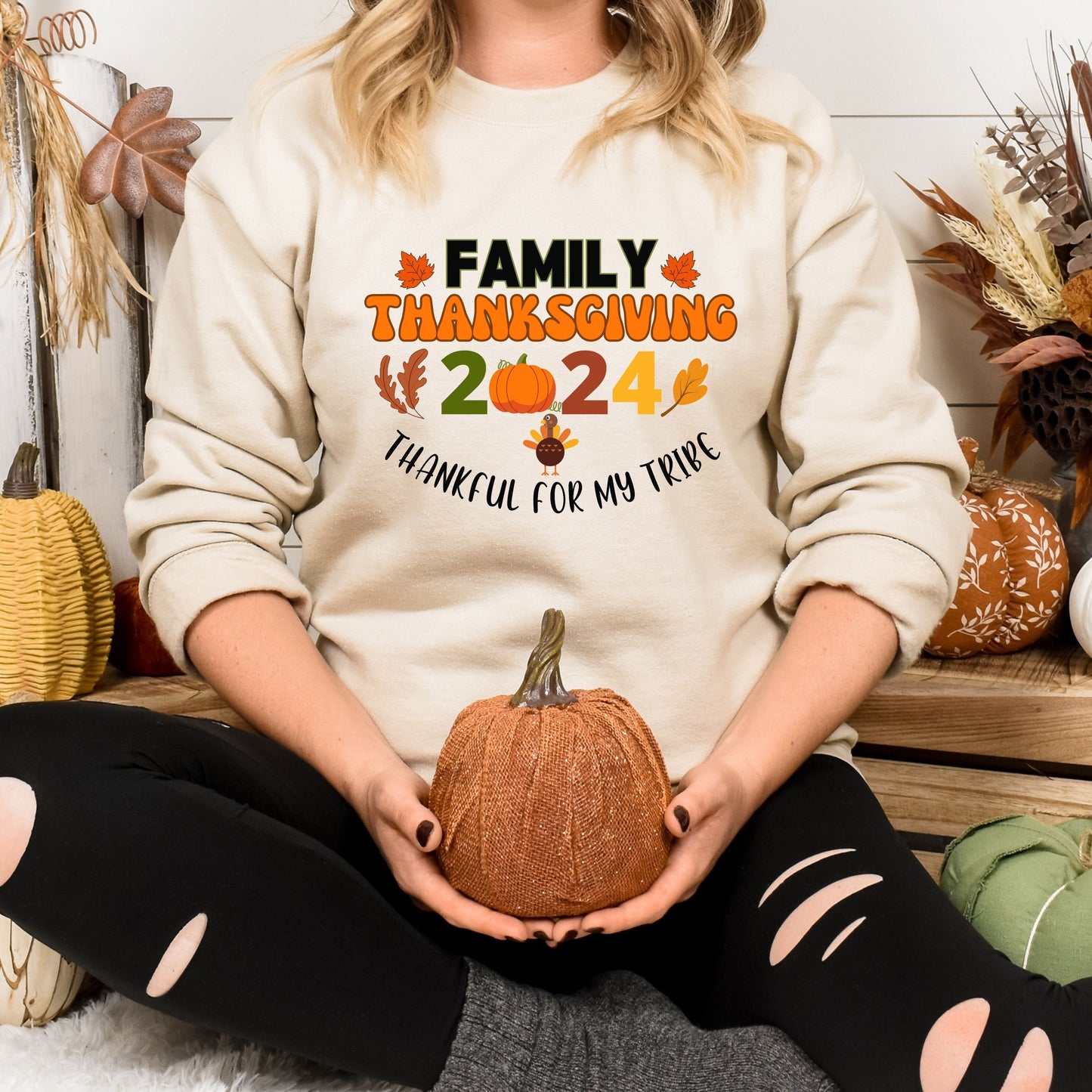 Family Thanksgiving 2024 thankful for my tribe sweatshirt and shirt for kids and adults