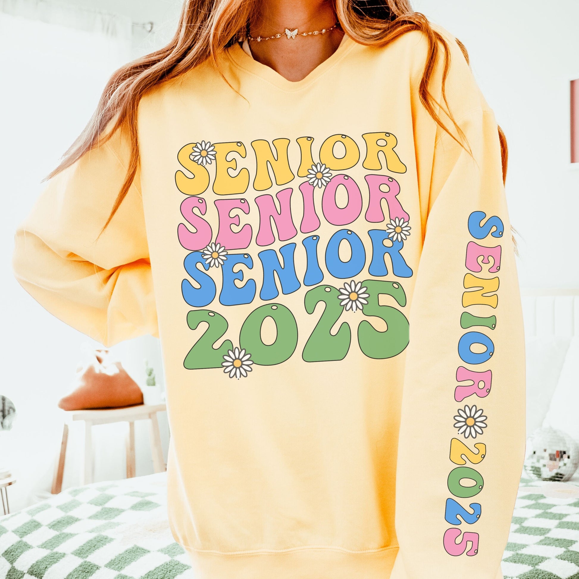 Senior 2025 Retro Groovy Comfort Colors Sweatshirt with sleeve print