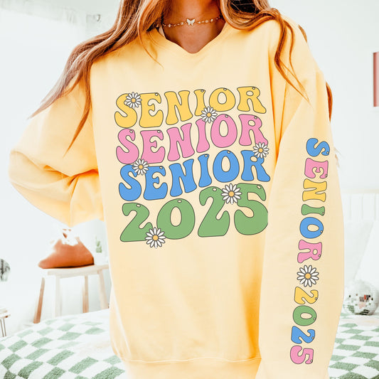 Senior 2025 Retro Groovy Comfort Colors Sweatshirt with sleeve print