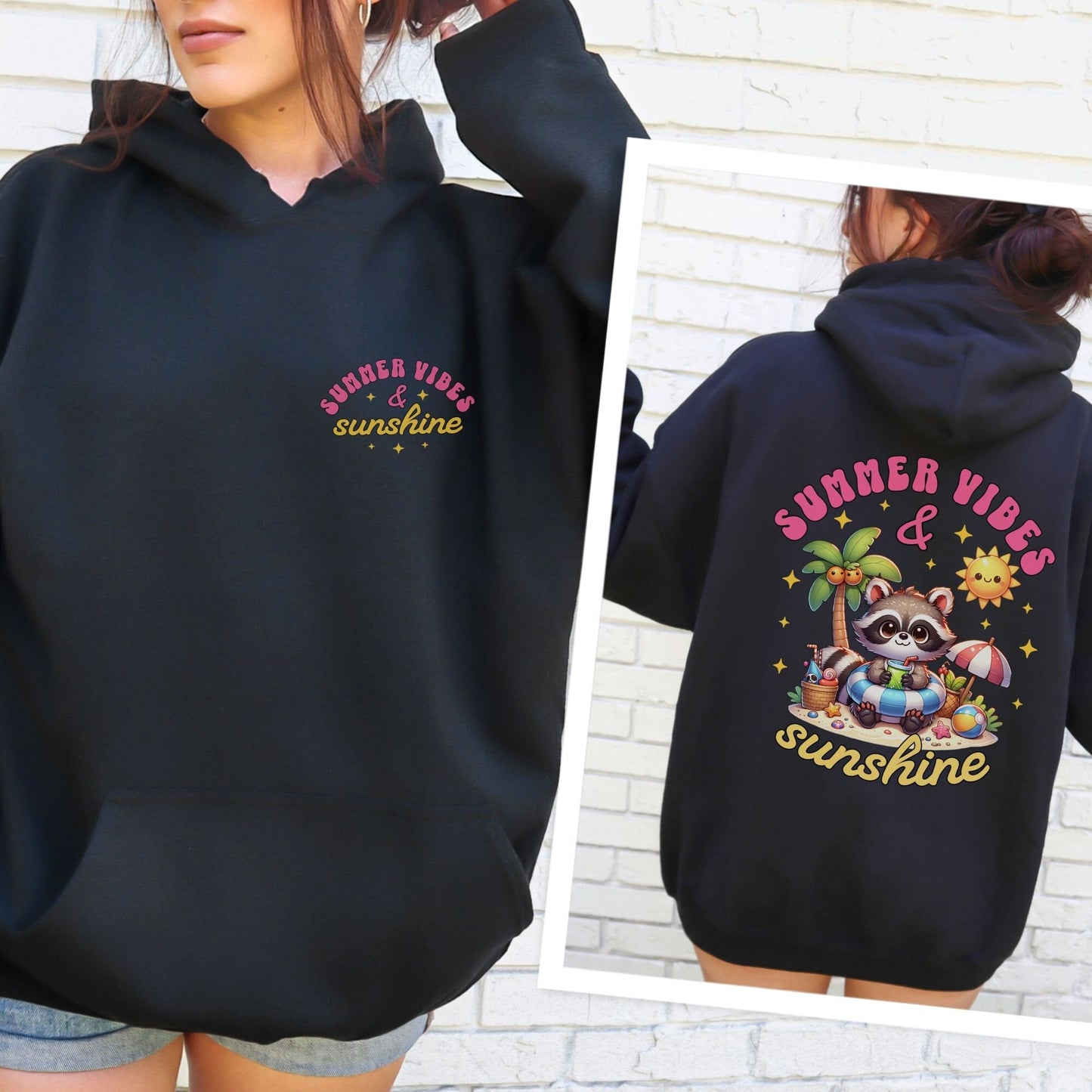 Summer Vibes  & Sunshine Raccoon Beach Oversized Hoodie Front/back print