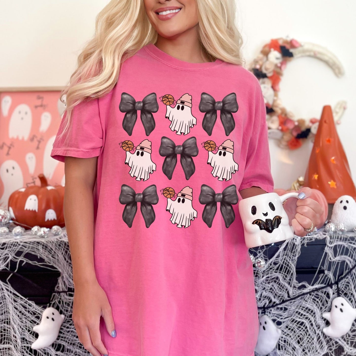 Halloween Basketball Mom Coquette Bow Comfort Colors Shirt