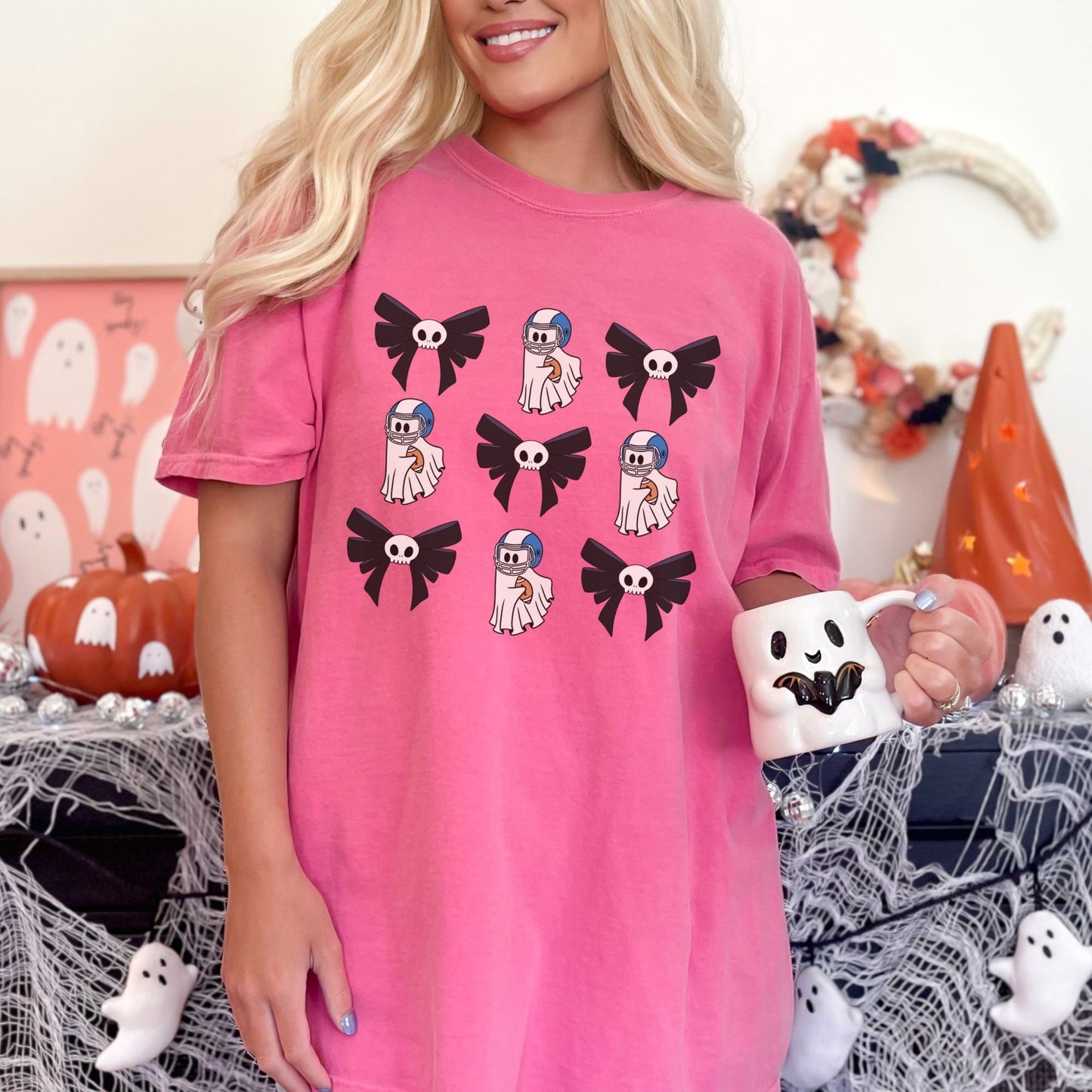 Halloween Football Ghost Mom Coquette Bow Comfort Colors Shirt