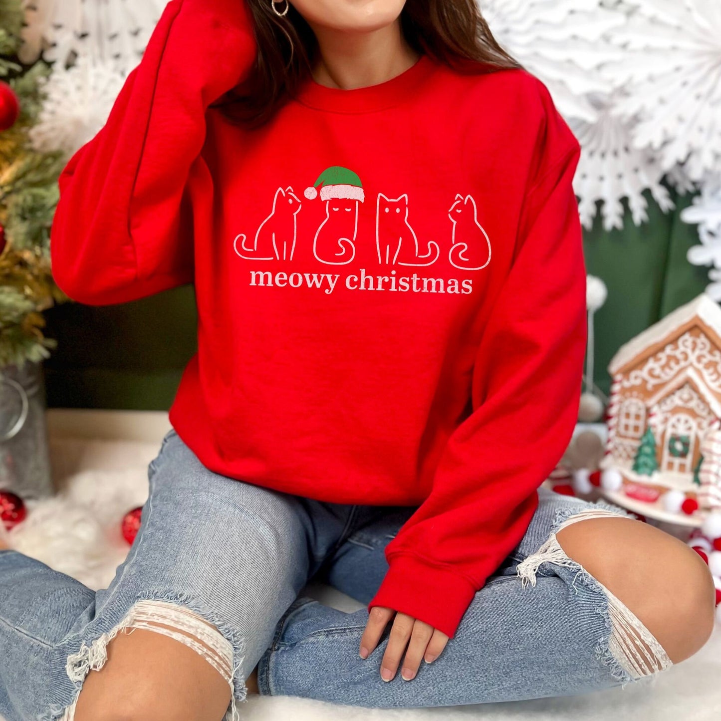 Retro Meowy Christmas Cat Sweatshirt - Cat Lover Gift