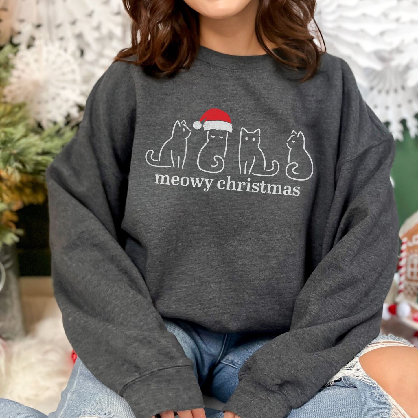 Retro Meowy Christmas Cat Sweatshirt - Cat Lover Gift