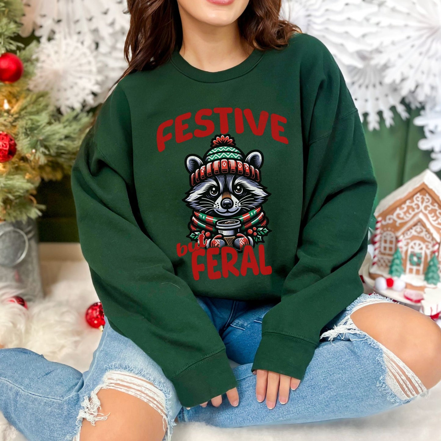 Festive But Feral Raccoon Christmas Feral Girl Sweatshirt