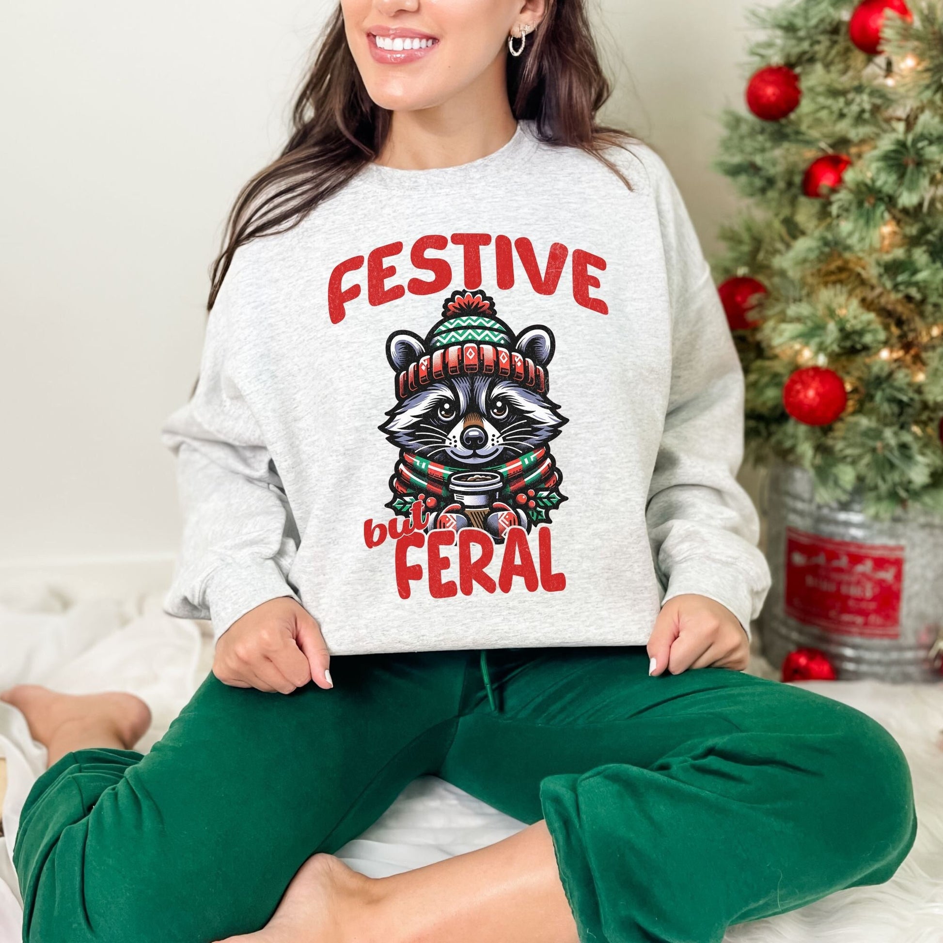 Festive But Feral Christmas Raccoon Sweatshirt