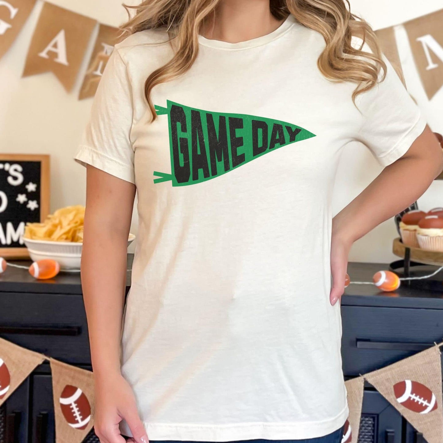 Trendy Green and Black Football Game Day Shirt for Tailgating