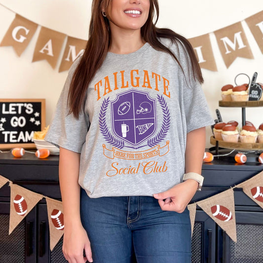 Tailgate orange and purple football social club shirt