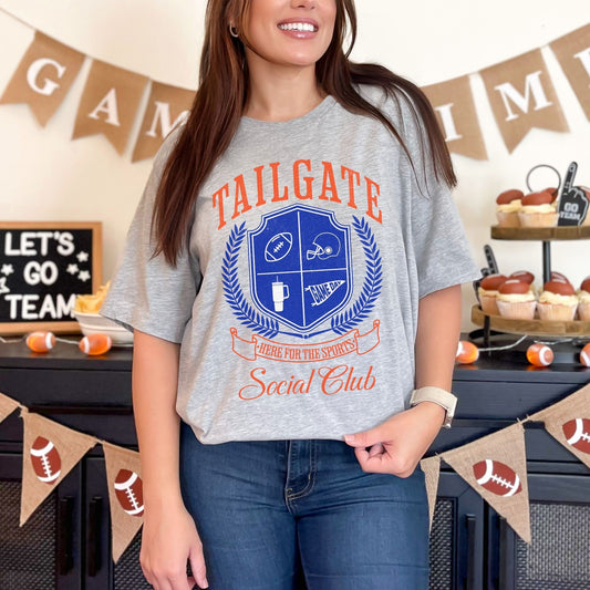 Tailgate Orange and blue football social club shirt