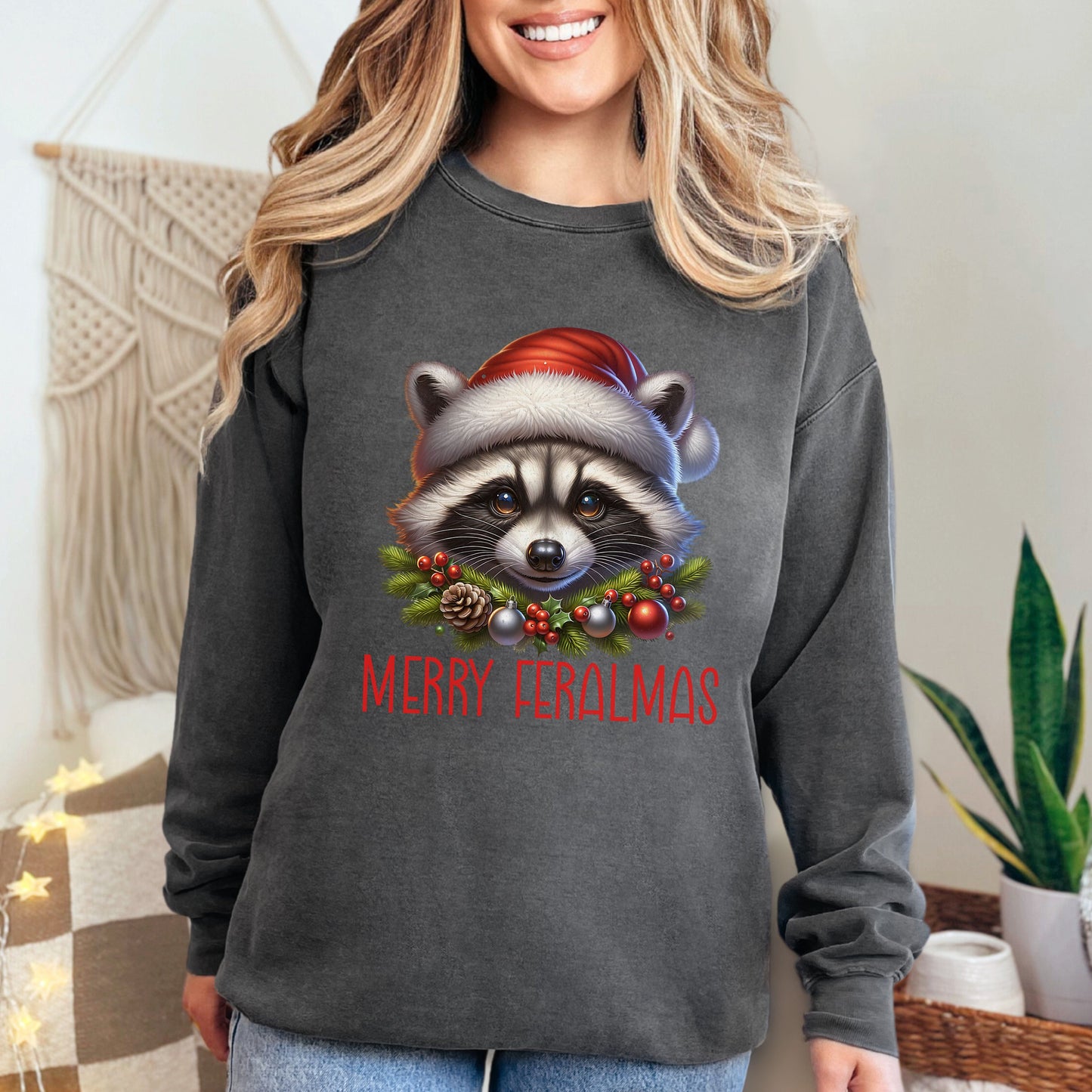 Retro Feral Raccoon Christmas Comfort Colors Sweatshirt