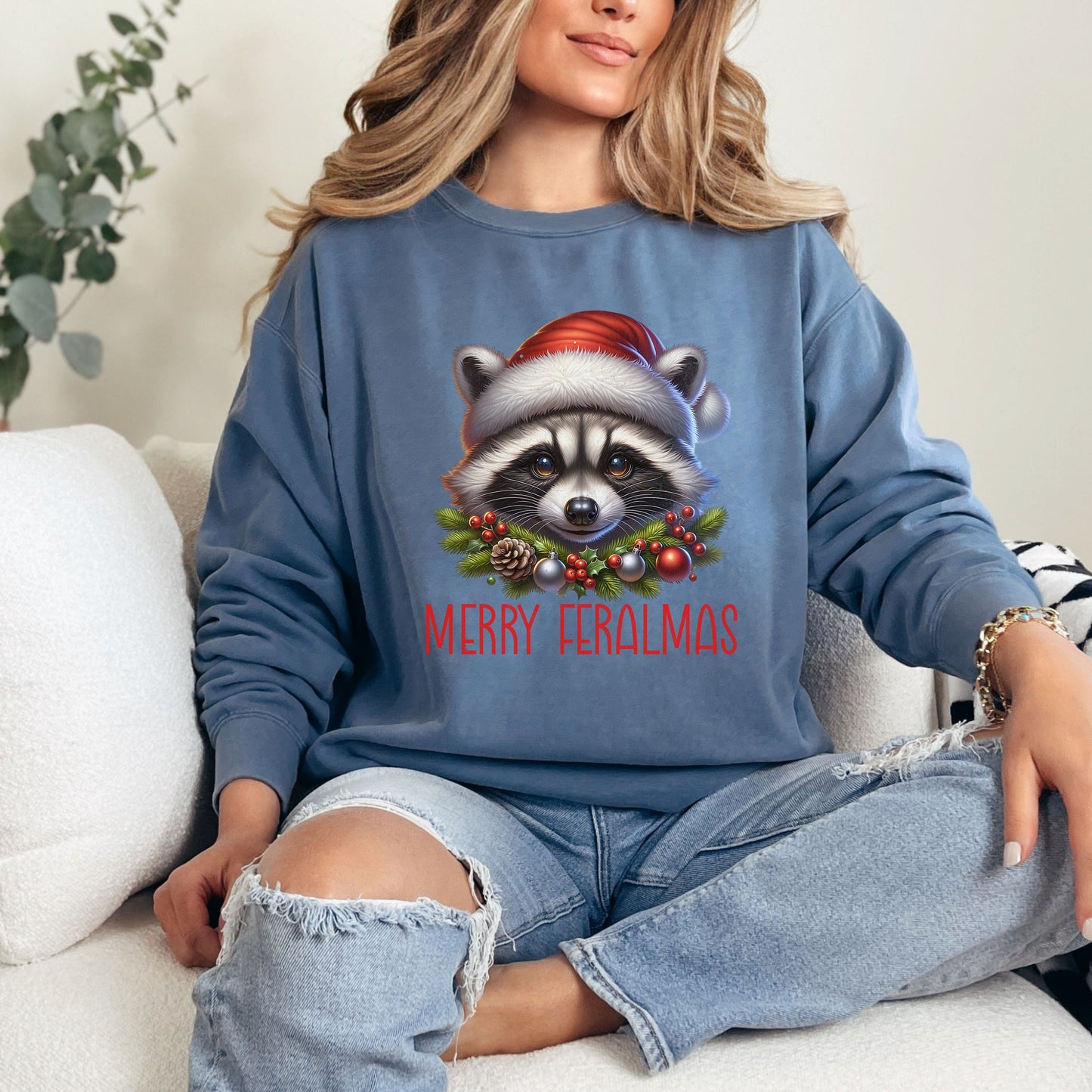 Retro Feral Raccoon Christmas Comfort Colors Sweatshirt