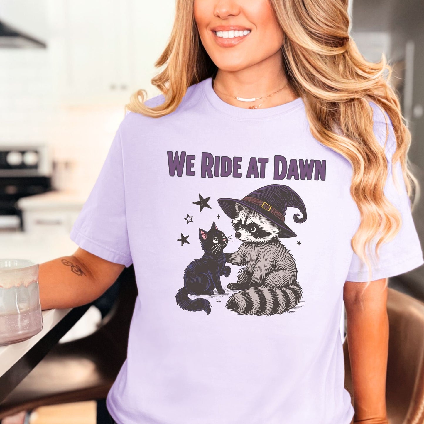 We Ride At Dawn Raccoon Cat Halloween Comfort Colors Shirt