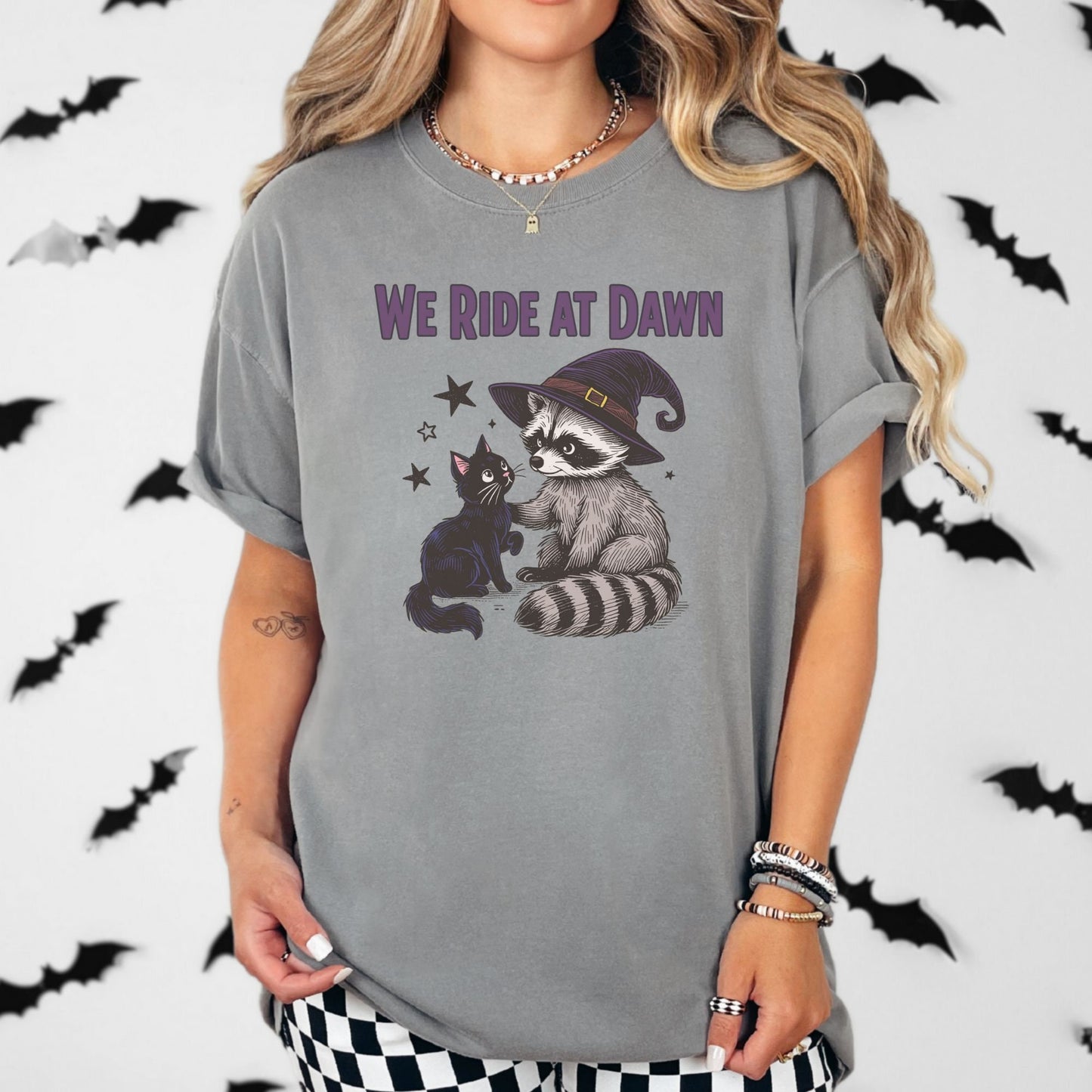 We Ride At Dawn Raccoon Cat Halloween Comfort Colors Shirt