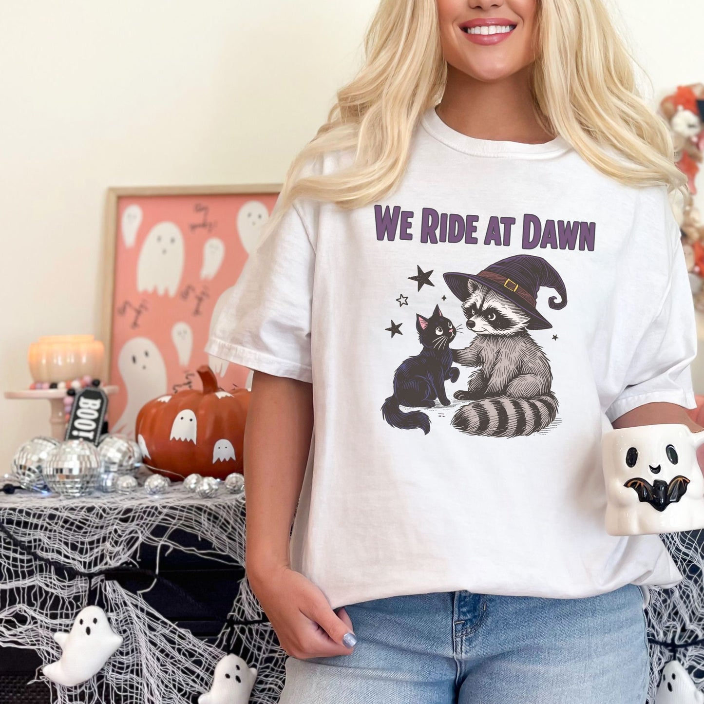 We Ride At Dawn Raccoon Cat Halloween Comfort Colors Shirt