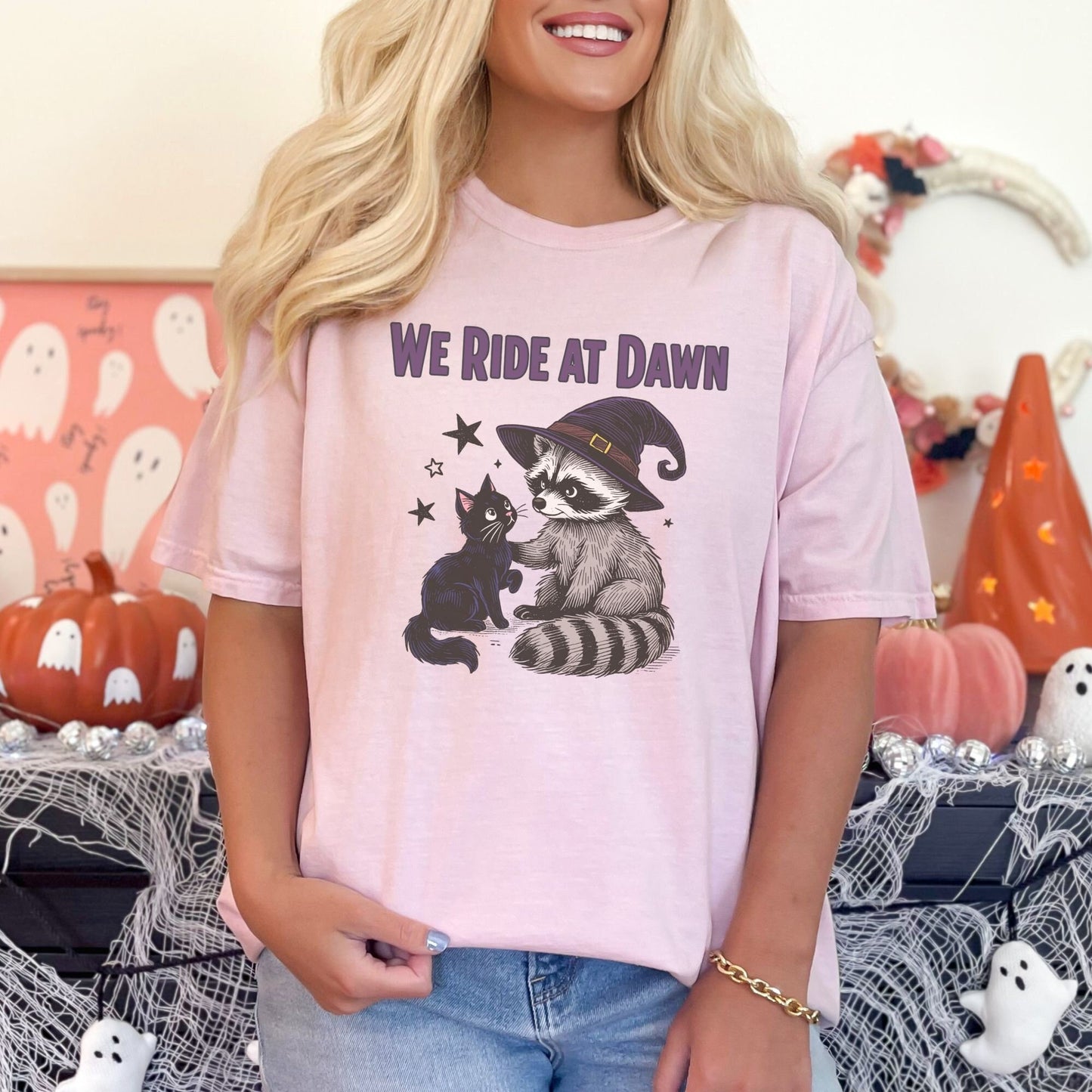 We ride at dawn, cute raccoon and cat Halloween comfort colors shirt