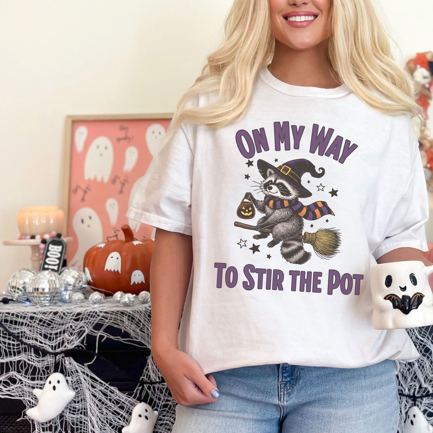 On My Way To Stir The Pot Raccoon Halloween Comfort Colors Shirt