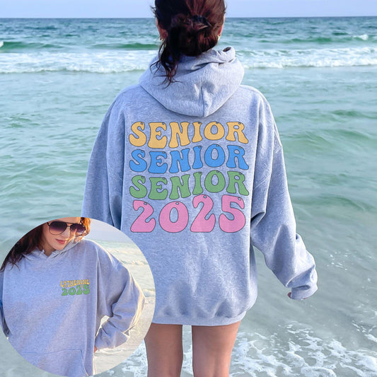 Senior 2025 custom name front/back hoodie with retro groovy font