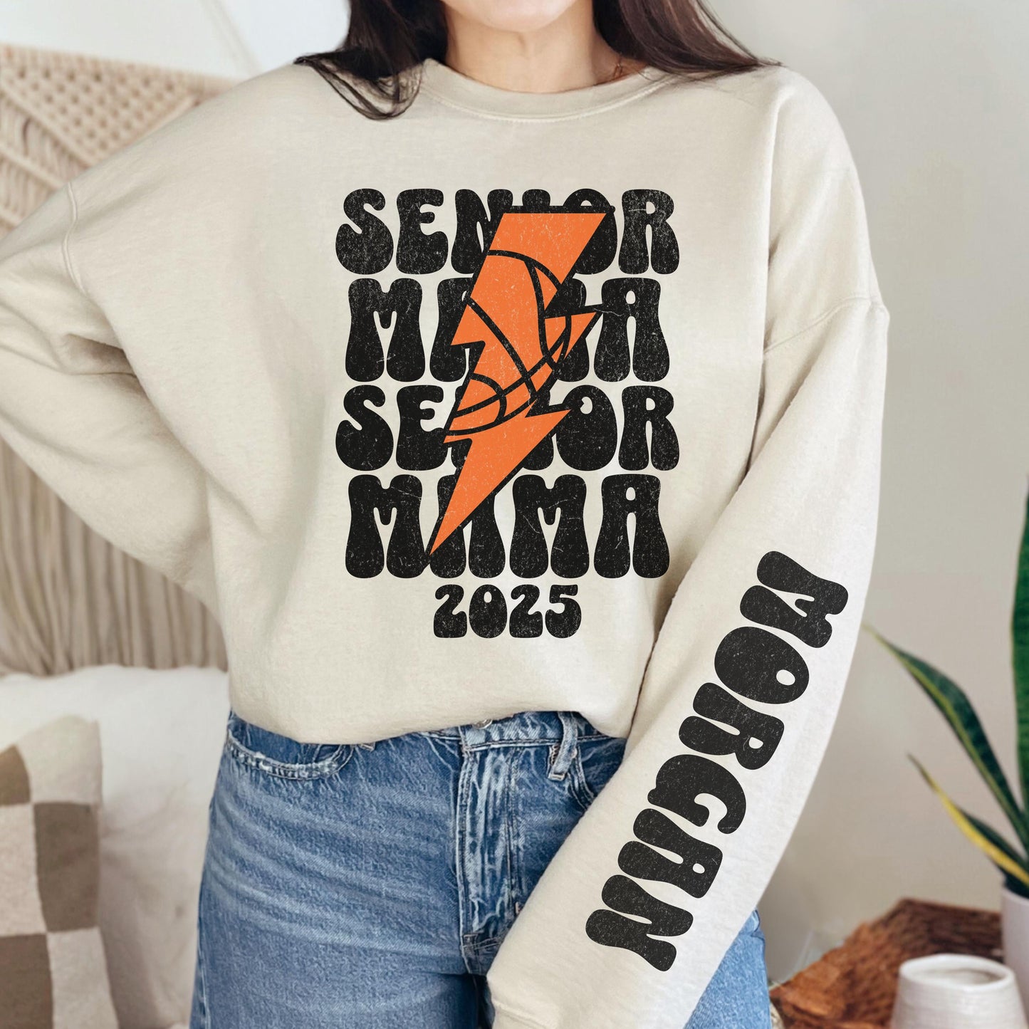 Retro Senior Mom Basketball Mama Shirt, Custom Sleeve Basketball Sweatshirt