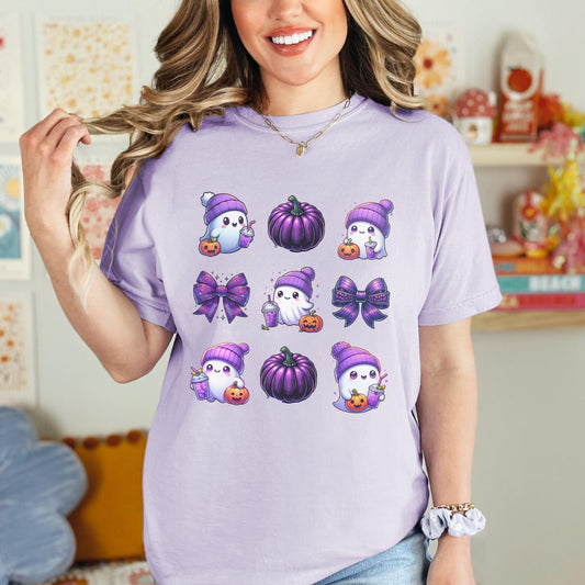 Cute Ghost with purple beanie with coquette bows and pumpkins Comfort Colors Halloween Shirt