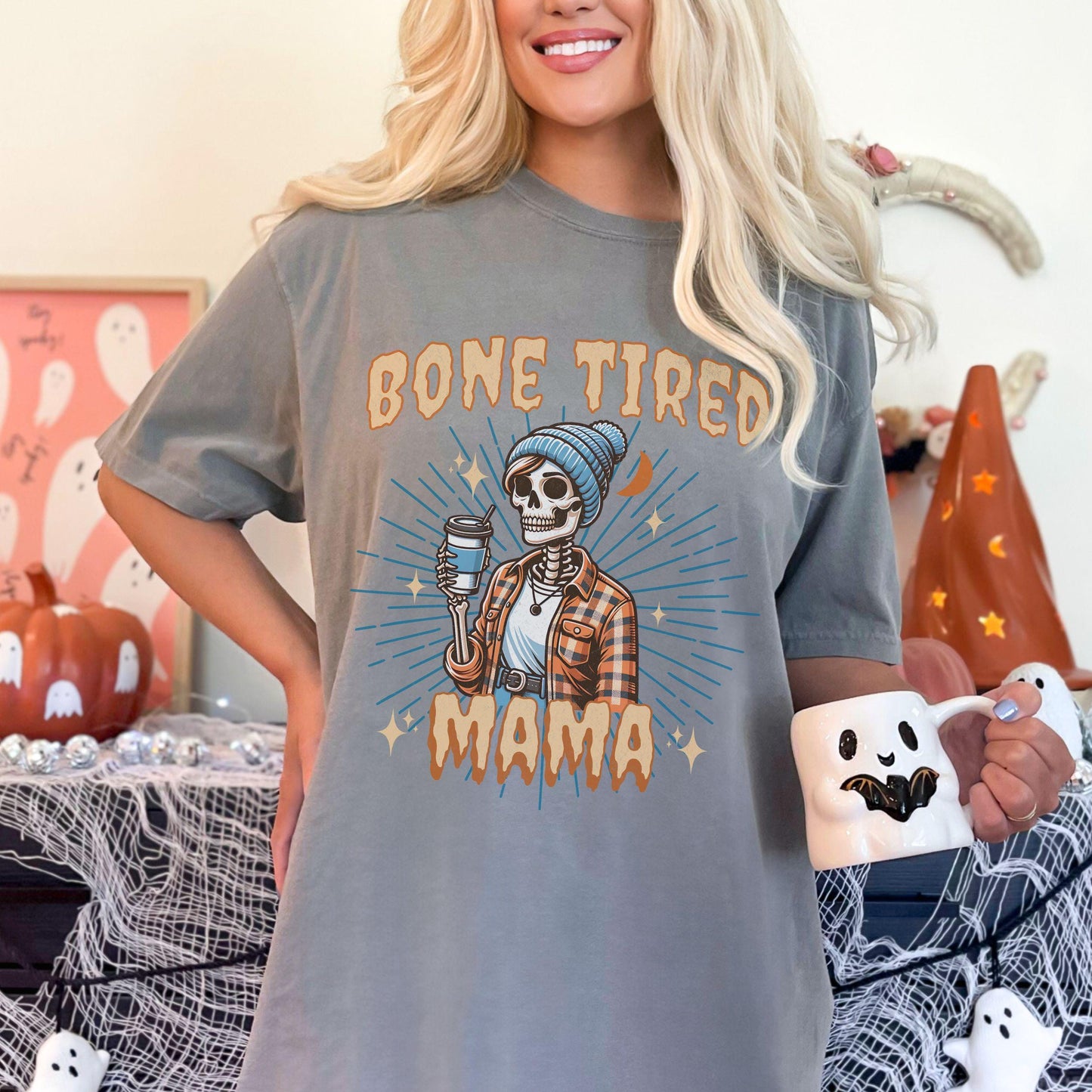 Bone Tired Mama Skeleton Coffee Comfort Colors Shirt