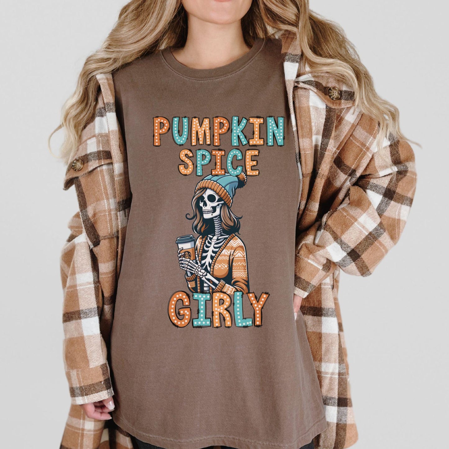 Pumpkin Spice Girly Doodle Dots Skeleton Comfort Colors Shirt