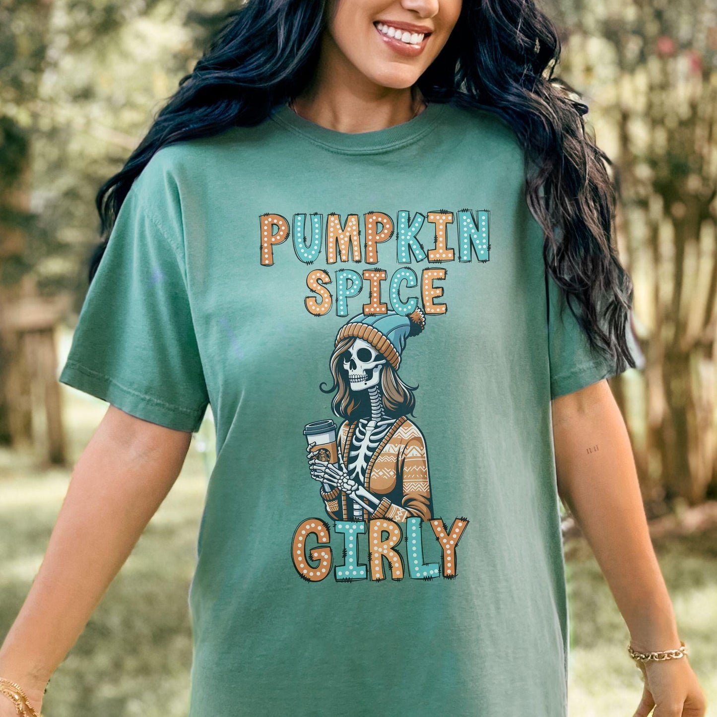 Pumpkin Spice Girly Doodle Dots Skeleton Comfort Colors Shirt