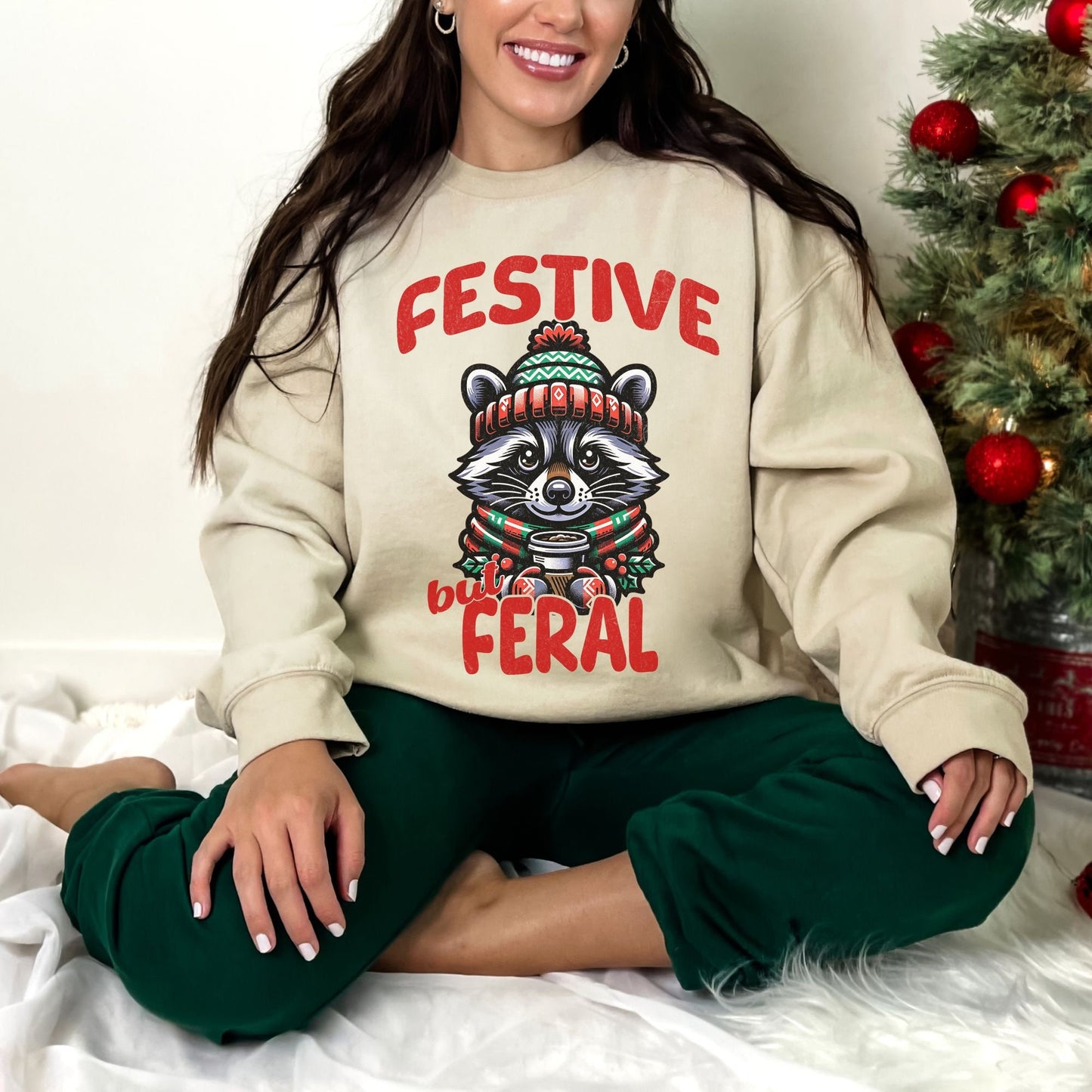 Festive But Feral Raccoon Christmas Feral Girl Sweatshirt