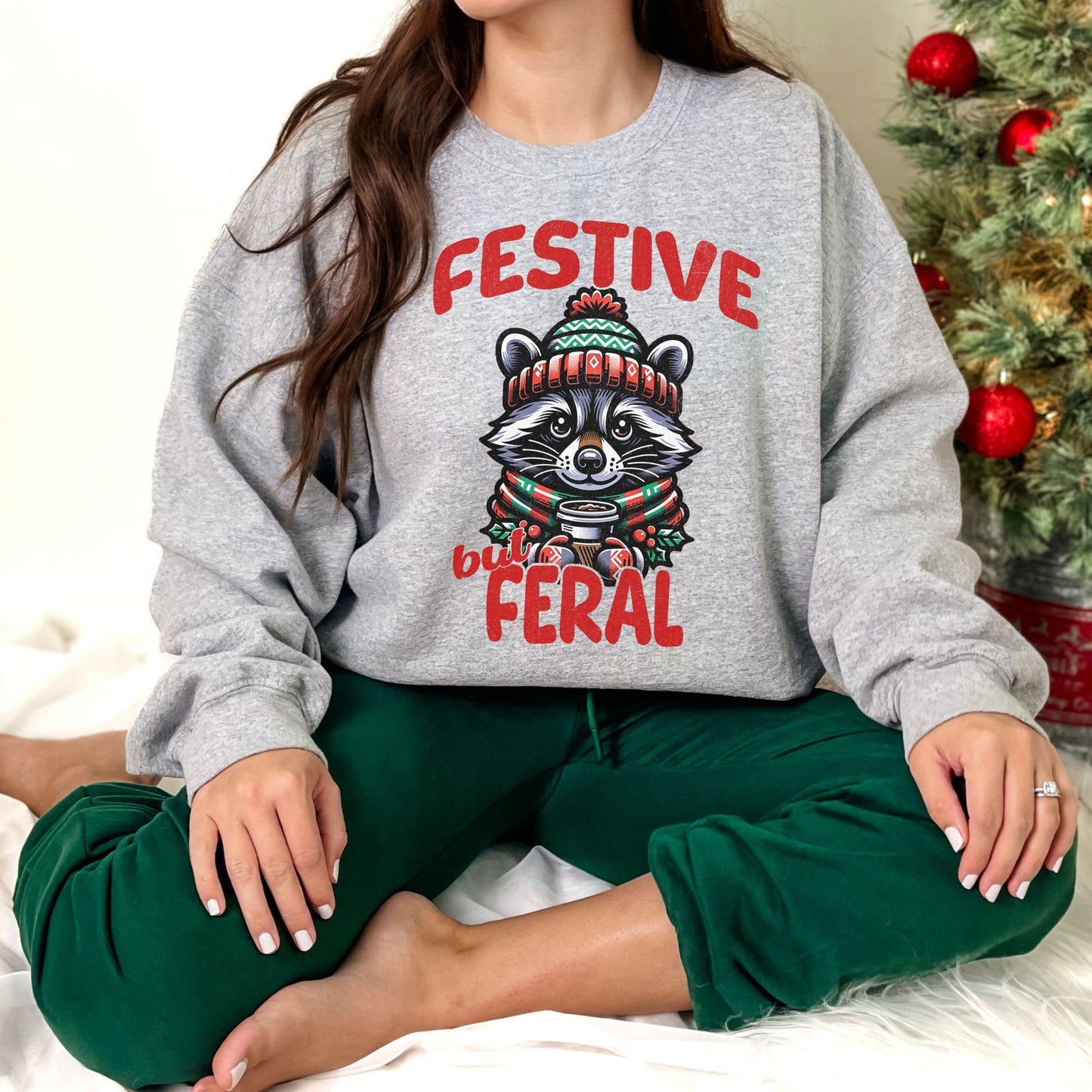 Festive But Feral Raccoon Christmas Feral Girl Sweatshirt