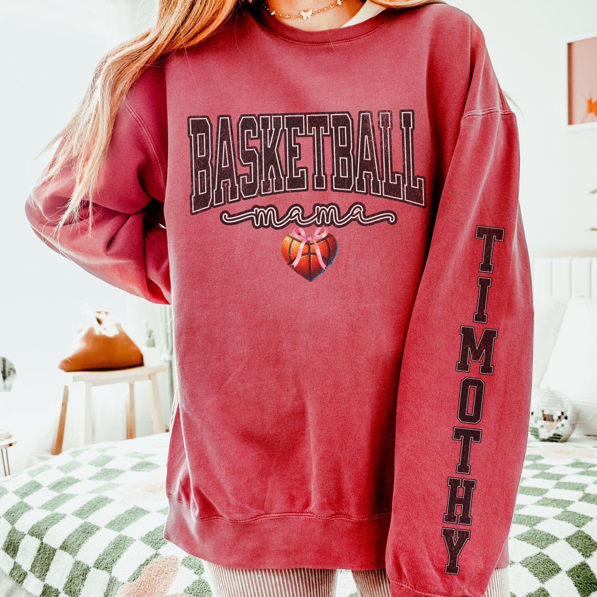 Coquette Custom basketball mama Sweatshirt With Kid Name On Sleeve