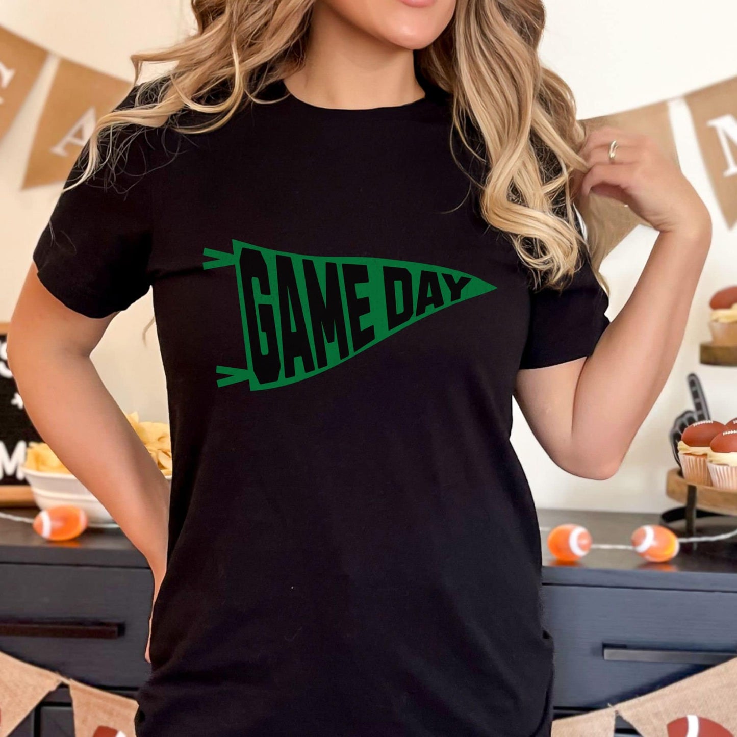 Trendy Green and Black Football Game Day Shirt for Tailgating