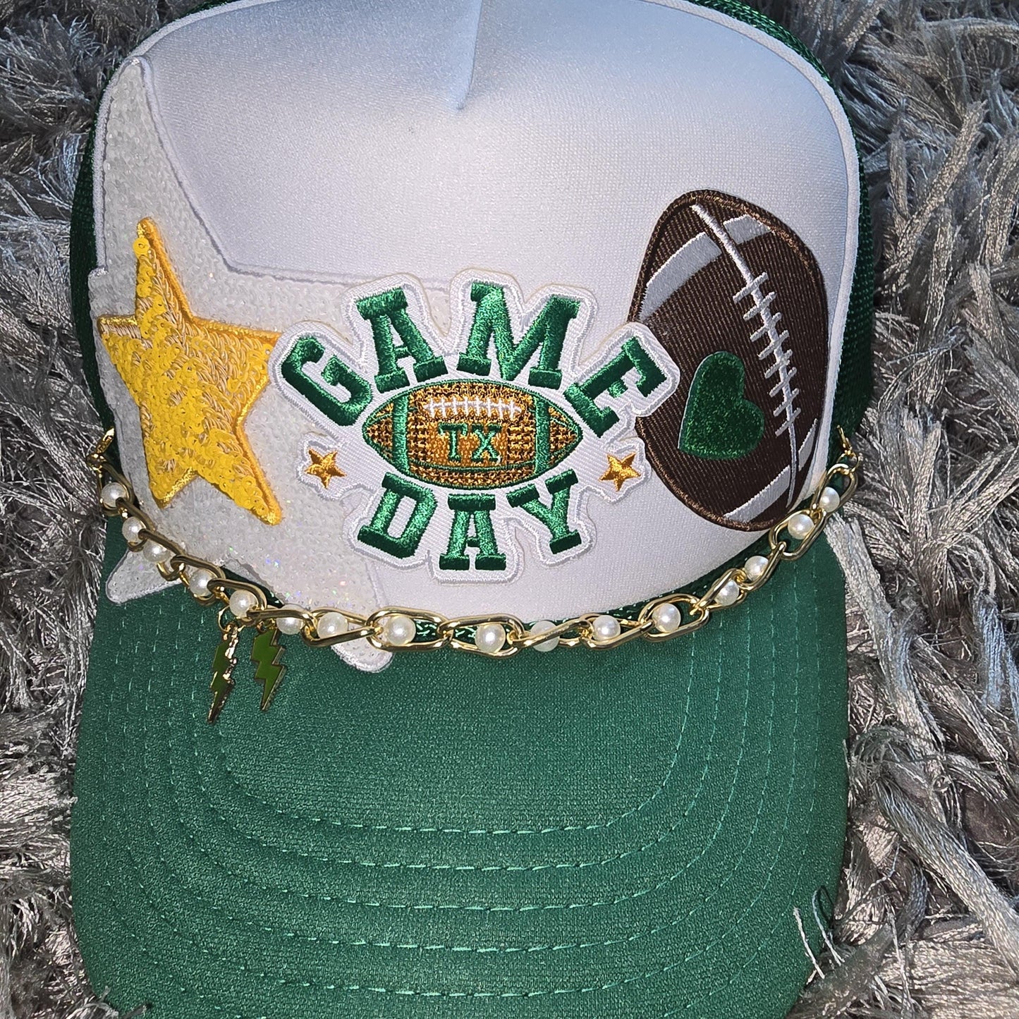 School Spirit Green and Yellow Football Trucker Hat, Game Day Trucker Hat