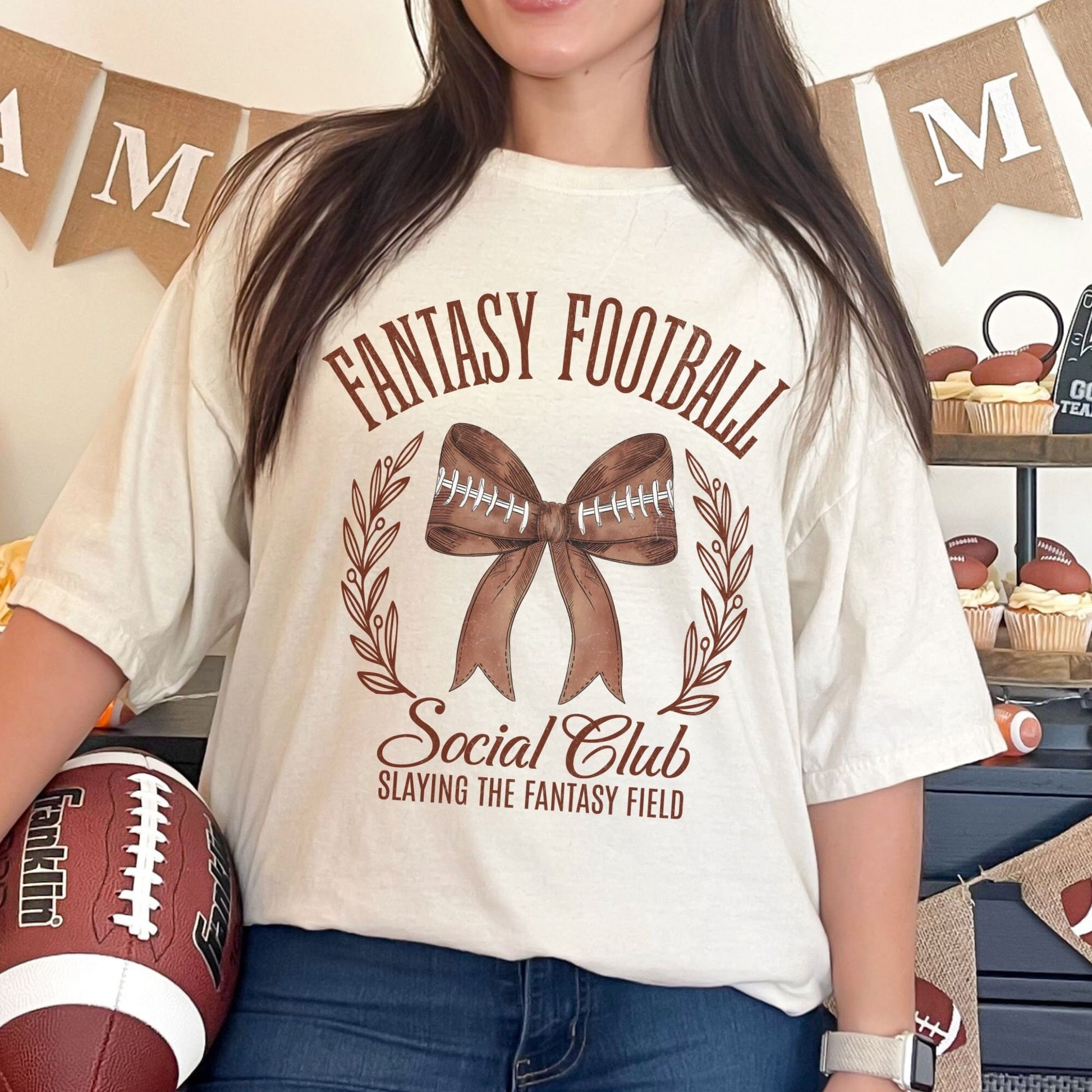 Womens coquette &quot;fantasy football social club&quot; comfort colors shirt with w football bow.