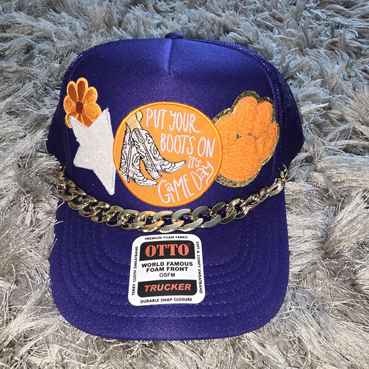 School Spirit Purple & Orange Football Trucker Hat