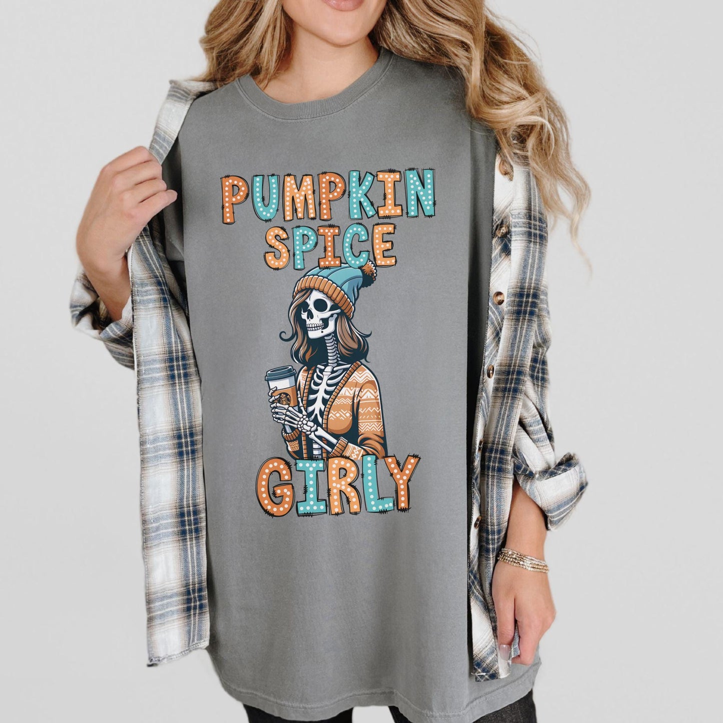 Pumpkin Spice Girly Doodle Dots Skeleton Comfort Colors Shirt