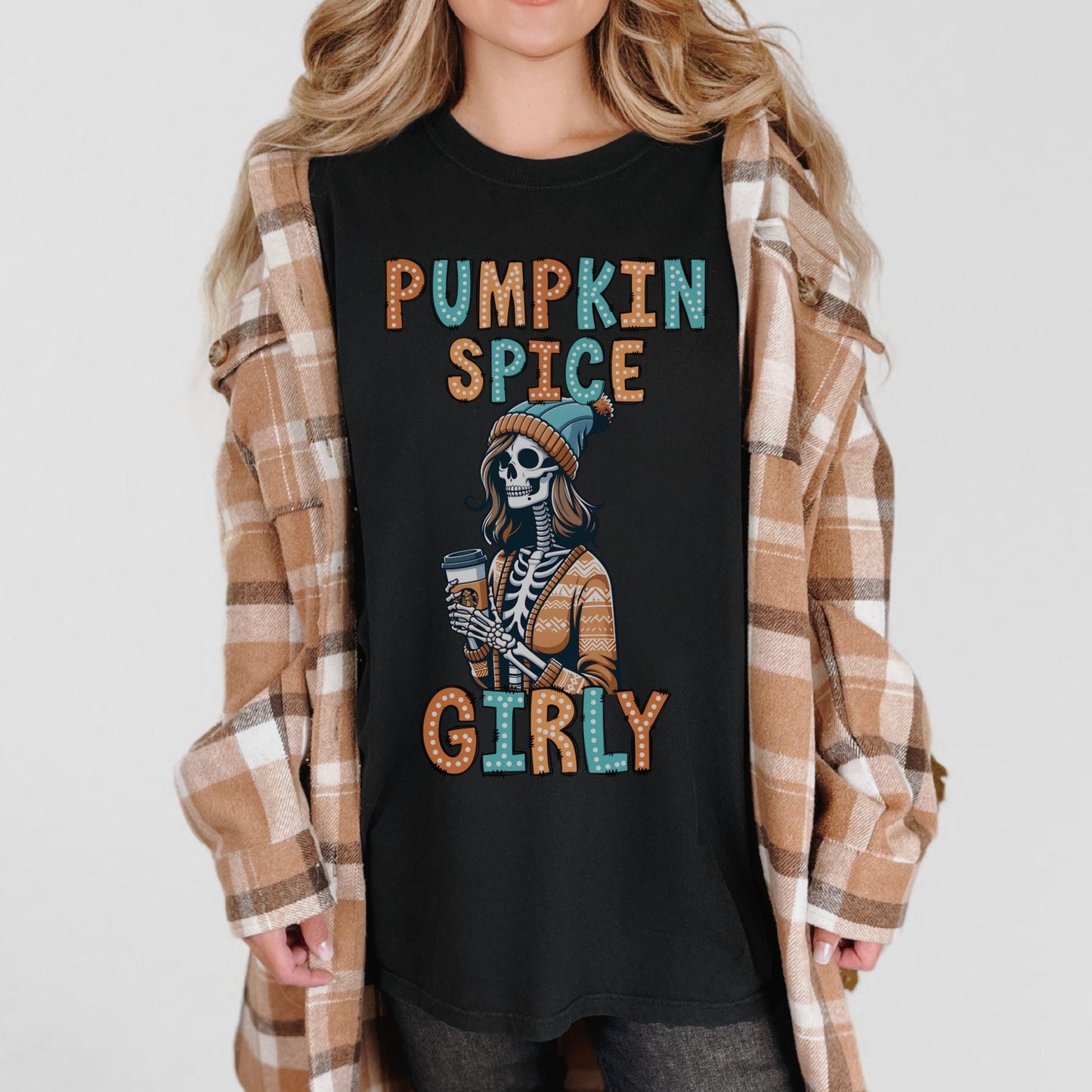 Pumpkin Spice Girly Doodle Dots Skeleton Comfort Colors Shirt