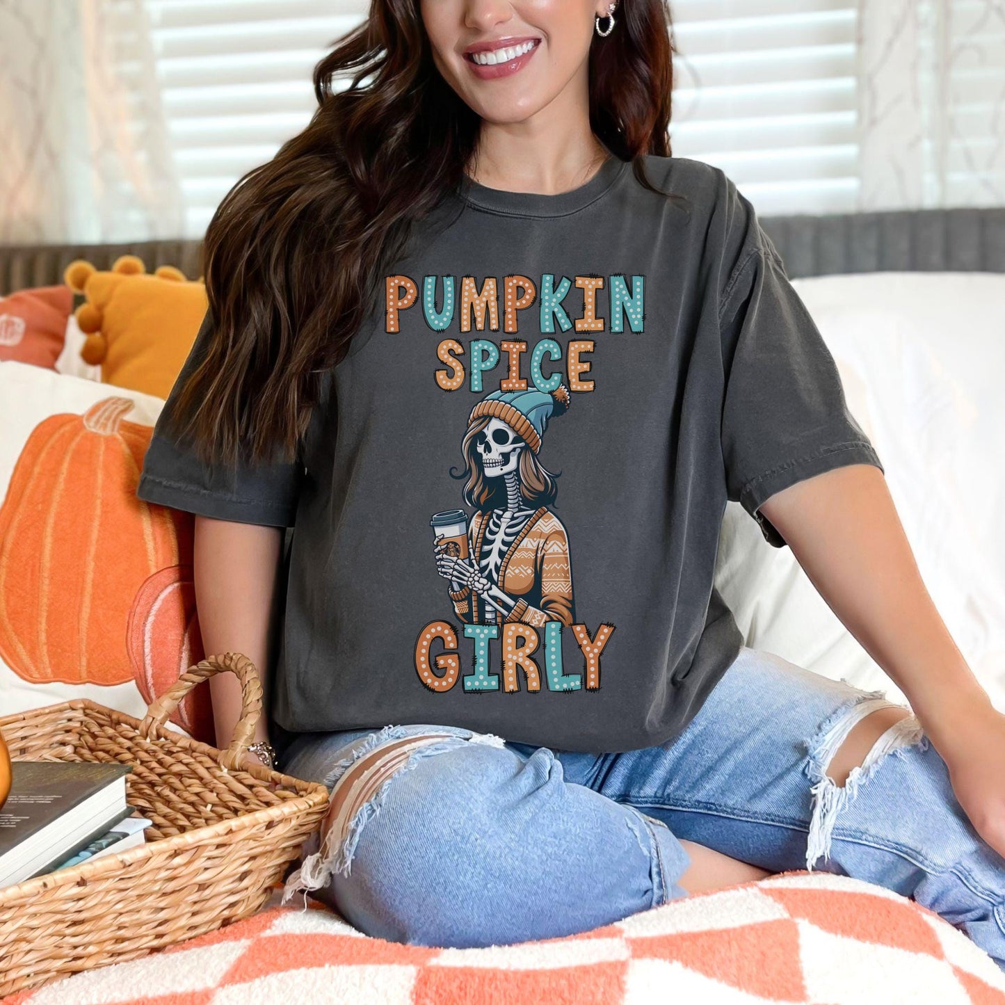 Pumpkin Spice Girly Doodle Dots Skeleton Comfort Colors Shirt