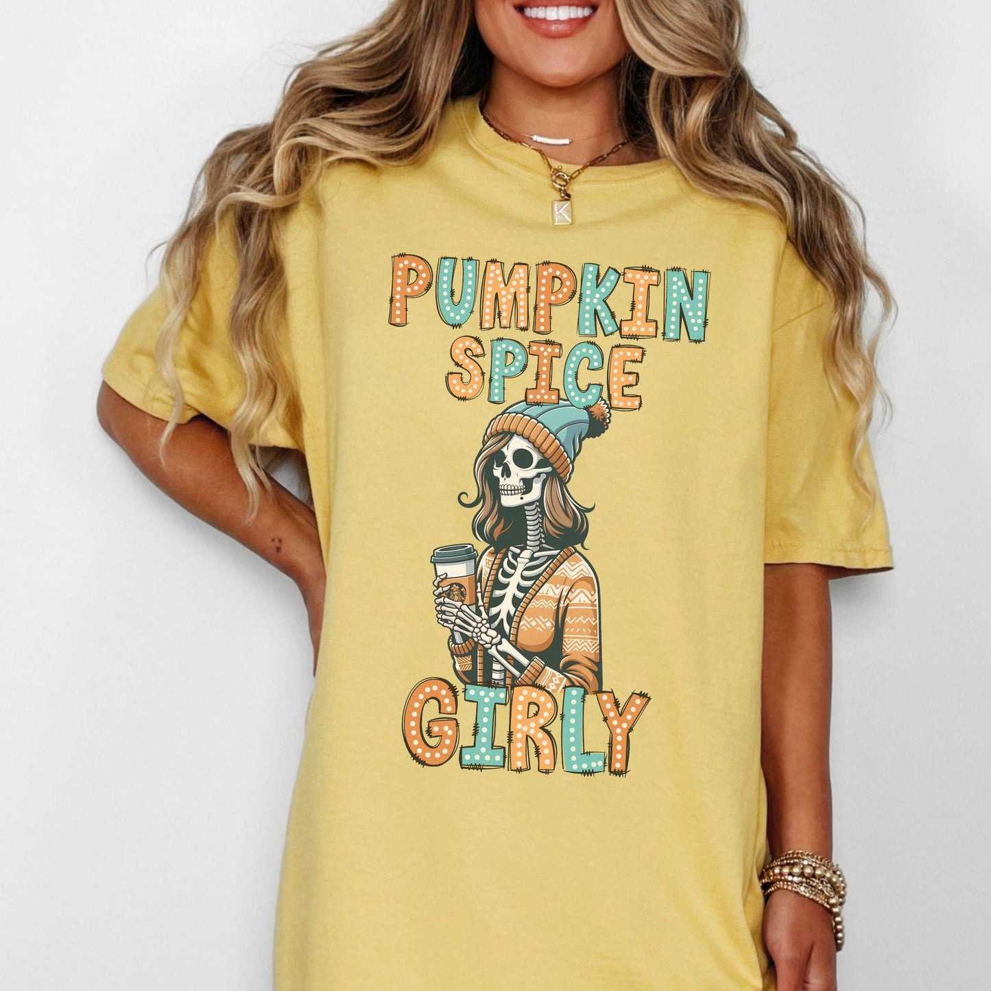 Pumpkin Spice Girly Doodle Dots Skeleton Comfort Colors Shirt