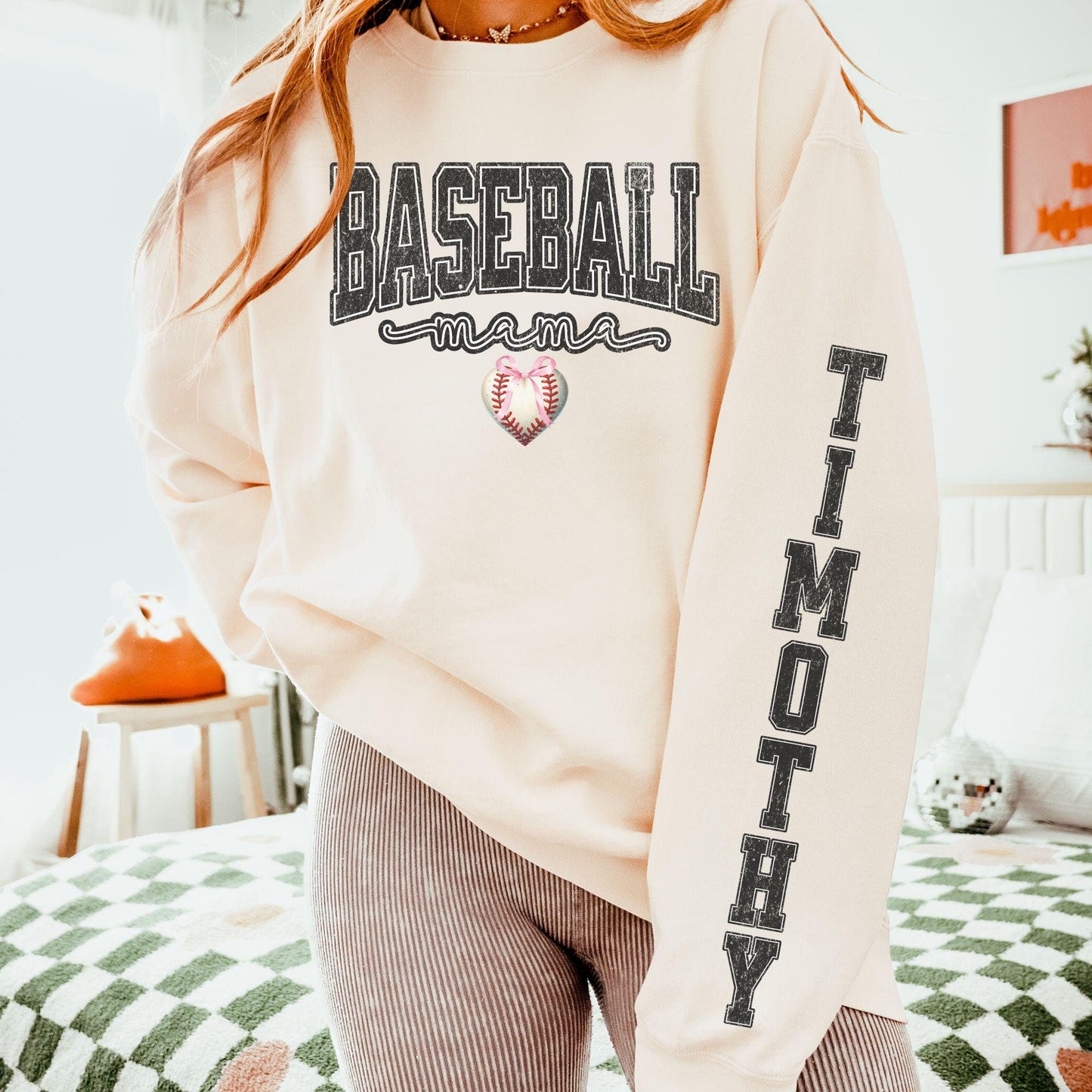 Coquette Custom Baseball Mama Sweatshirt With Kid Name On Sleeve