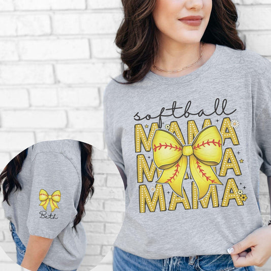 Softball mama Coquette bow custom name on sleeve sports shirt