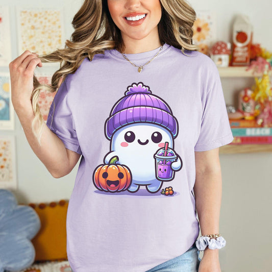 Cute ghost wearing a purple beanie with a pumpkin and holding iced coffee Comfort Colors Shirt