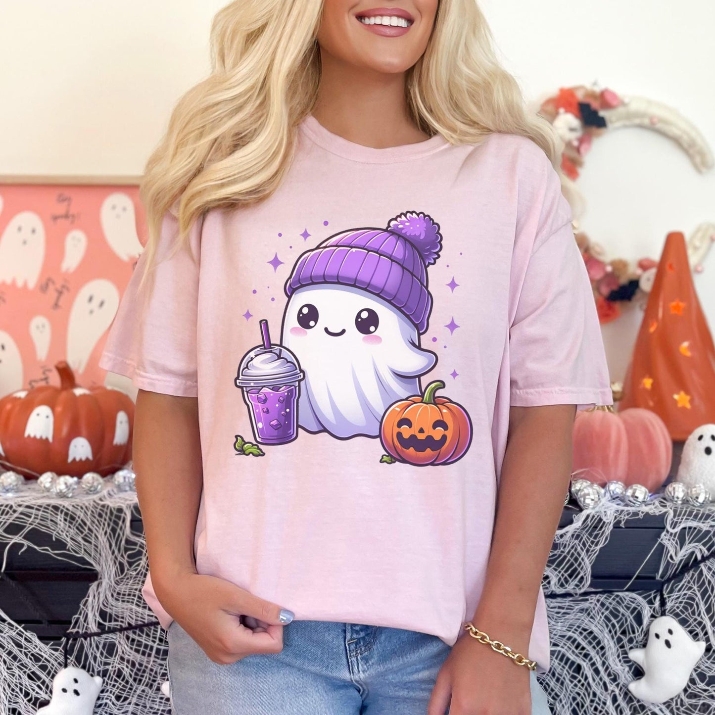 Cute Ghost wearing a purple beanie with pumpkin and coffee comfort colors halloween shirt