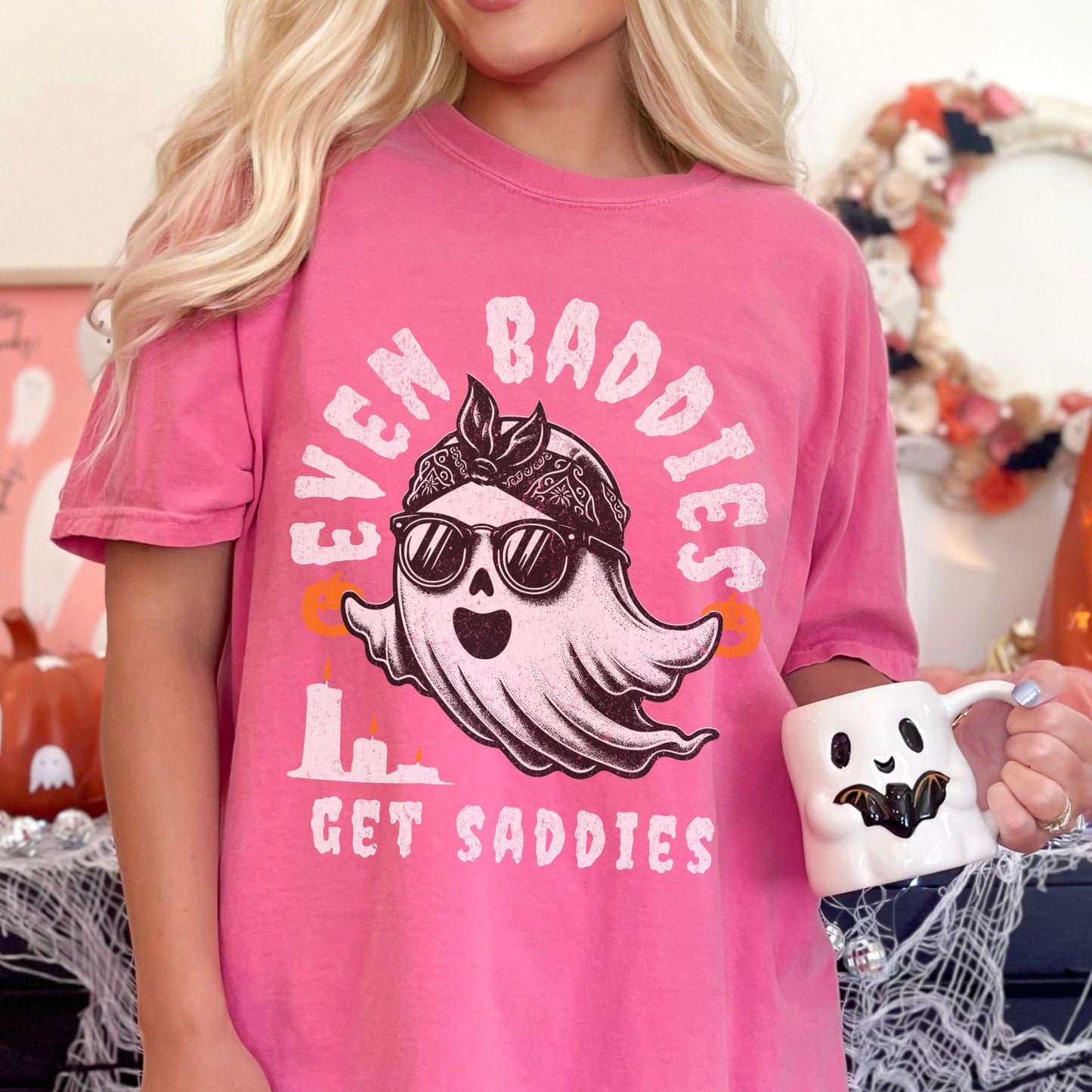 Halloween Even Baddies Get Saddies Ghost Comfort Colors Shirt