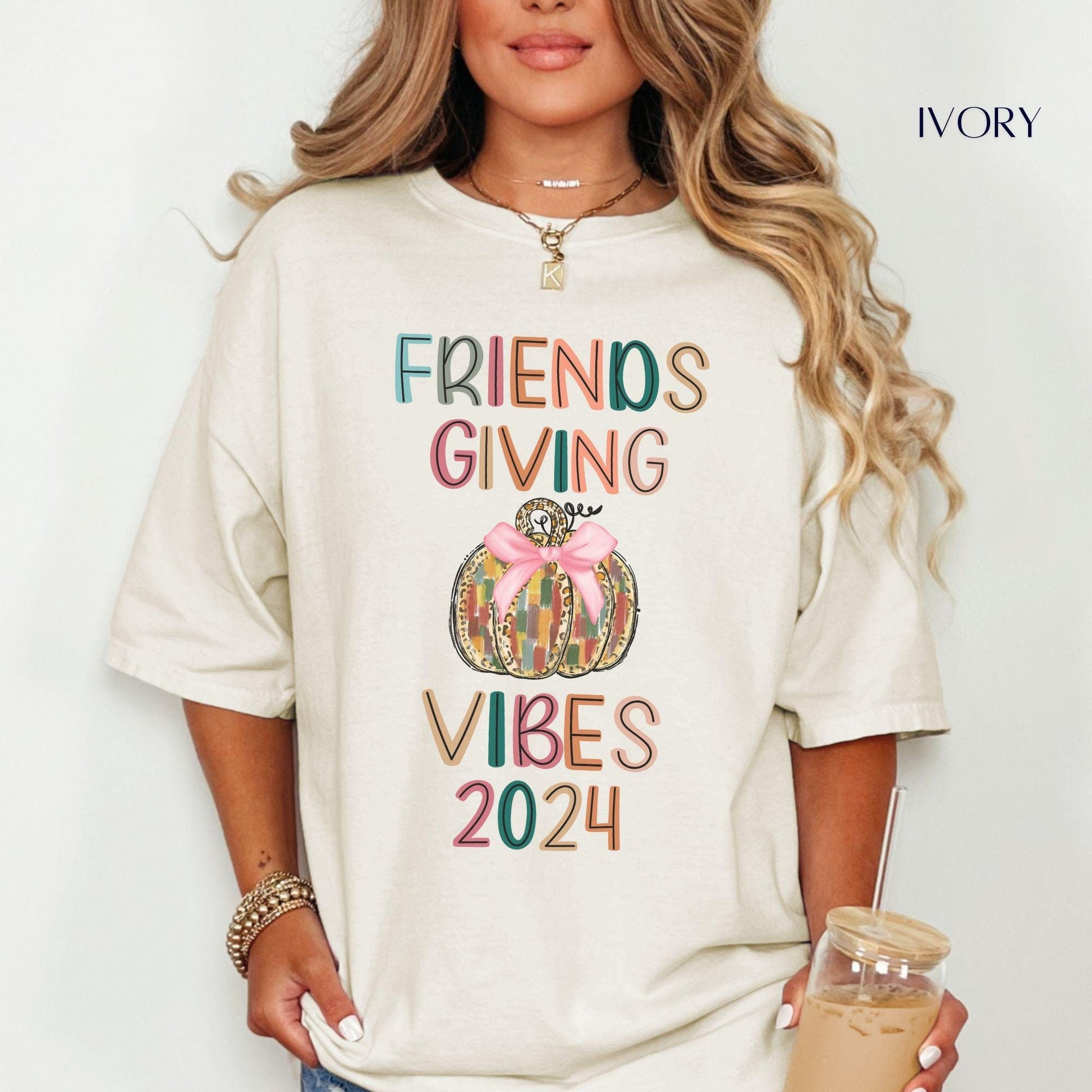 Friendsgiving Vibes 2024 with doodle letter font on a comfort colors shirt