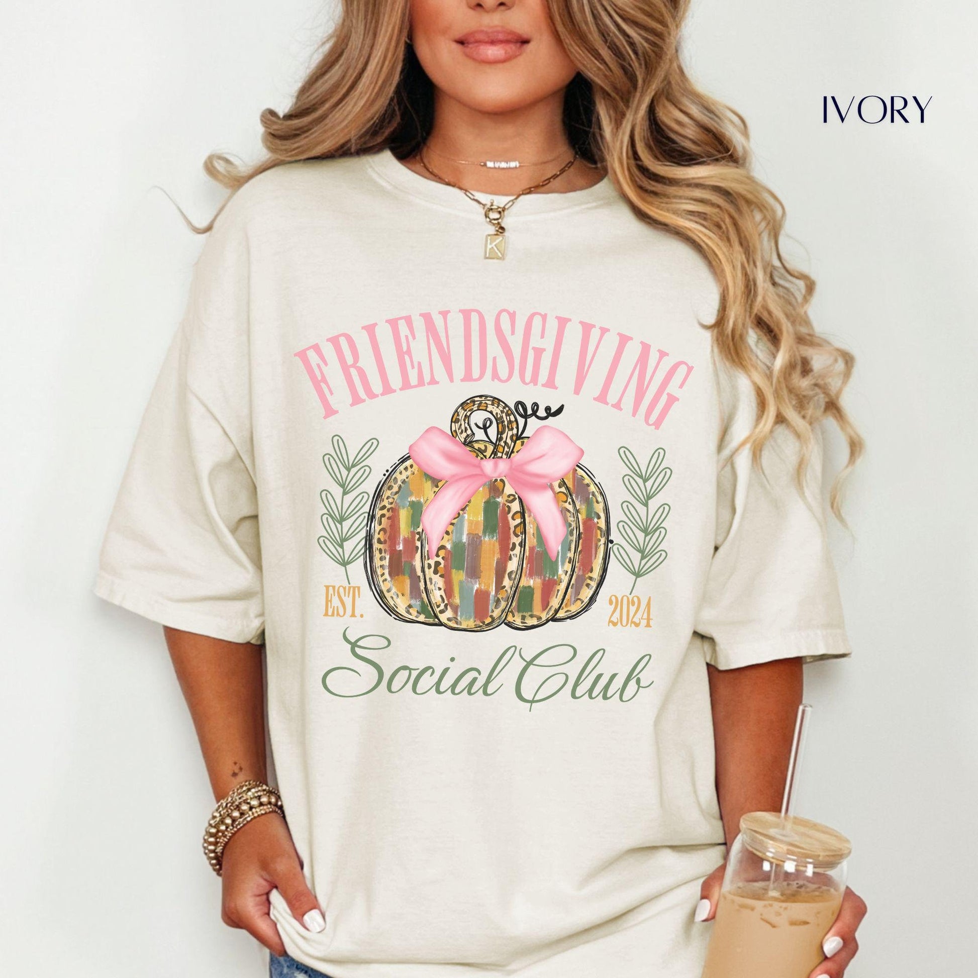 Friendsgiving social club est 2024 comfort colors shirt with a brushstroke pumpkin